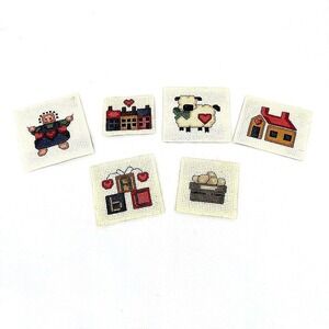 Handmade Cross Stitch Fridge Magnets Country Core Folk Art Set of 6 Needlepoint